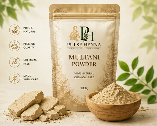 Collage of Puja Bhava brand packaging with various powders and ingredients.