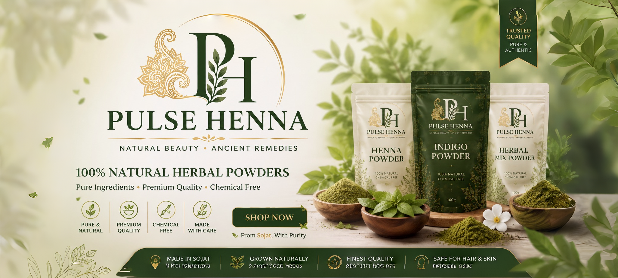 Pulse Henna product display with packaging and natural ingredients on a light background